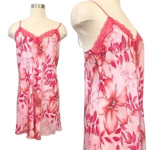 100% Silk Pink Tropical Floral Print Lace Y2K August Silk Slip Dress Chemise L